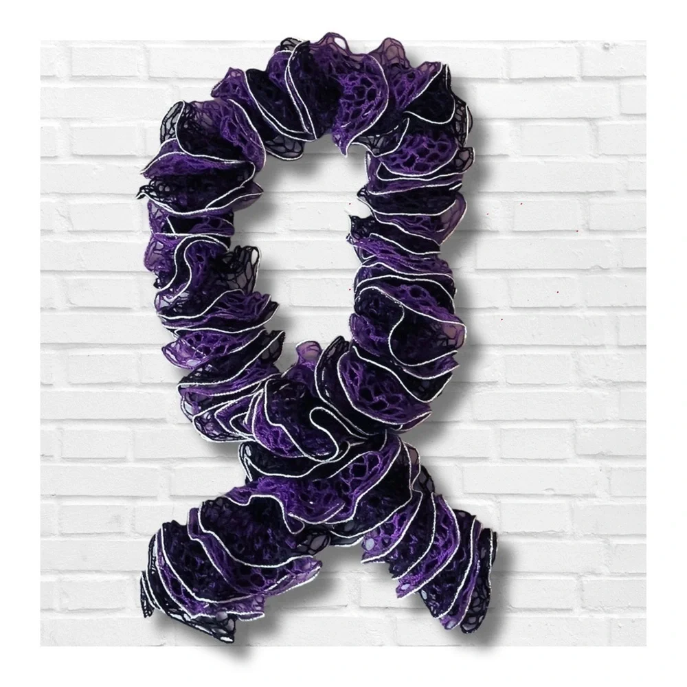 Hand Knitted Purple Silver and Black Ruffle Scarf Baltimore Ravens Team Colors